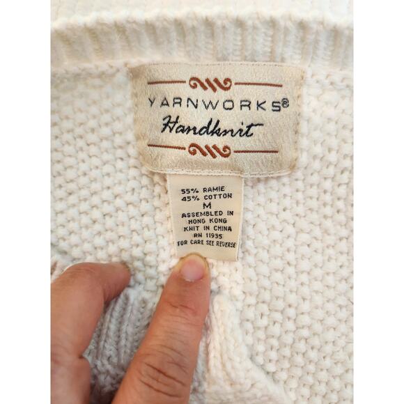 vintage Yarnworks Handknit Ramie Cotton Cardigan Sweater White Textured Knit M - Picture 3 of 7